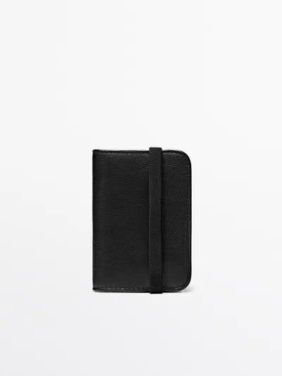 Massimo Dutti Nappa Leather Card Holder With Flap In Black