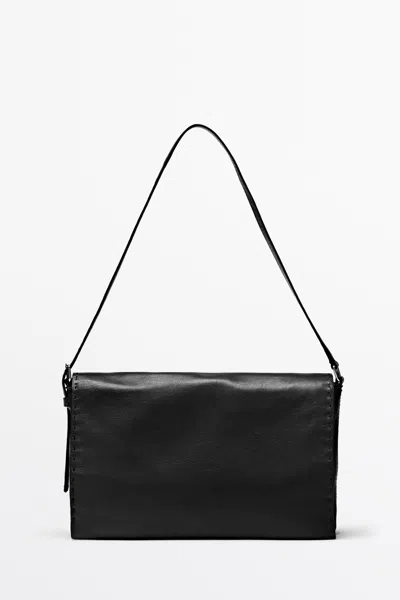 Massimo Dutti Nappa Leather Crossbody Bag With Topstitching In Black