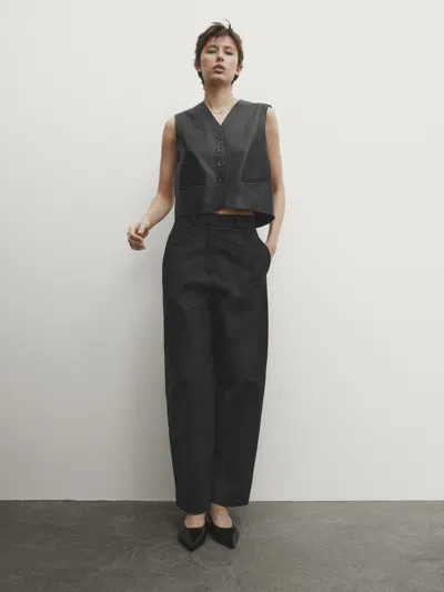 Massimo Dutti Nappa Leather Gilet With Buttons In Schwarz