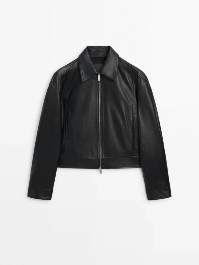 Massimo Dutti Nappa Leather Jacket With A Shirt Collar In Black