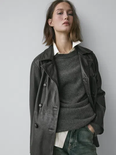 Massimo Dutti Nappa Leather Jacket With Belt Detail In Gray