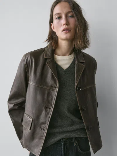 Massimo Dutti Nappa Leather Jacket With Lapel Collar In Green