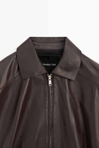 Massimo Dutti Nappa Leather Jacket With Pleated Detail In Brown