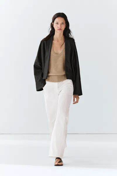 Massimo Dutti Nappa Leather Lapel Kimono In Black