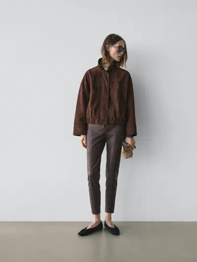 Massimo Dutti Nappa Leather Leggings With Elasticated Detail In Burgundy