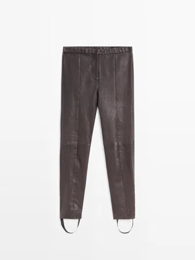 Massimo Dutti Nappa Leather Leggings With Elasticated Detail In Gray