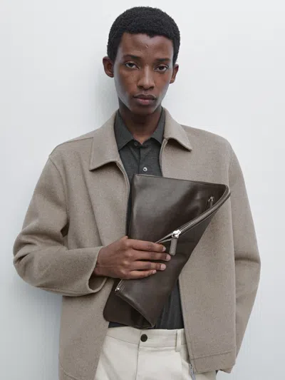 Massimo Dutti Nappa Leather Pouch Clutch In Brown