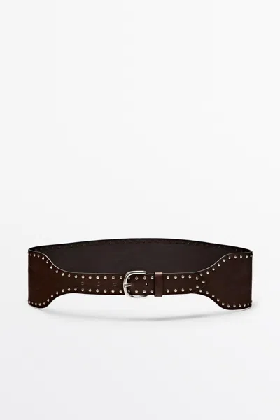 Massimo Dutti Nappa Leather Studded Belt In Brown