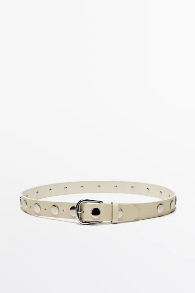 Massimo Dutti Nappa Leather Studded Belt With Buckle In White