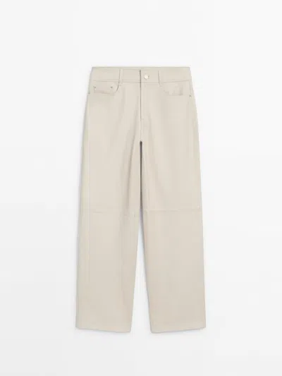 Massimo Dutti Nappa Leather Trousers In White