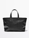 Massimo Dutti Nappa Leather Weekender Bag In Black