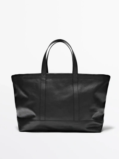 Massimo Dutti Nappa Leather Weekender Bag In Black