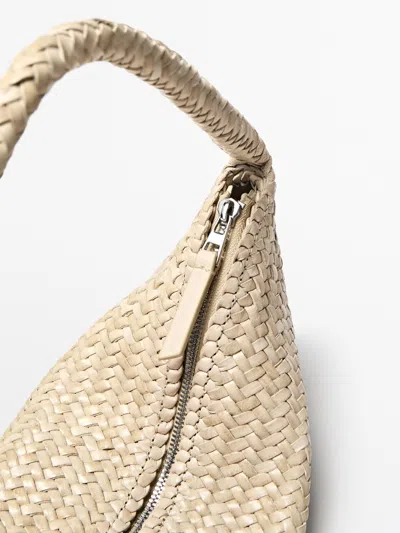 Massimo Dutti Nappa Leather Woven Croissant Bag In White