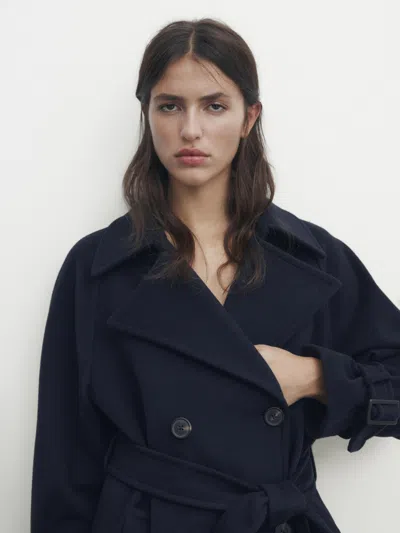 Massimo Dutti Marineblauer Trenchcoat Aus Wollmischung