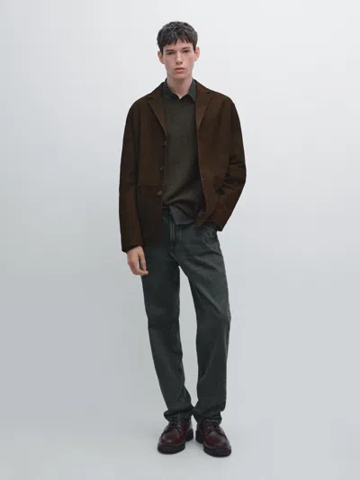 Massimo Dutti Nubuck Leather Blazer In Brown