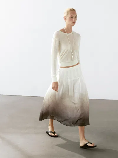 Massimo Dutti Ombré Print Box Pleat Midi Skirt In White