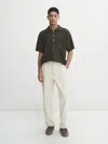 Massimo Dutti Open-knit Short Sleeve Polo Sweater In Khaki