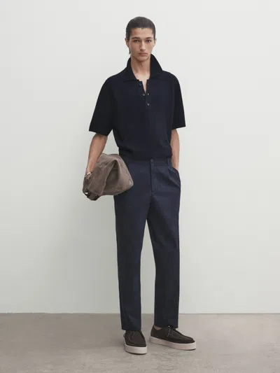 Massimo Dutti Open-knit Short Sleeve Polo Sweater In Marineblau