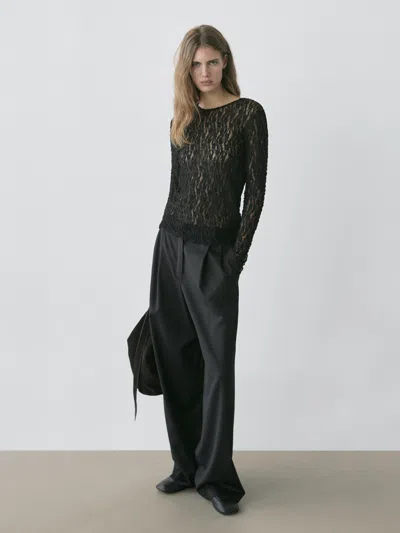 Massimo Dutti Openwork Knit Top With Long Sleeves And Lace In Black