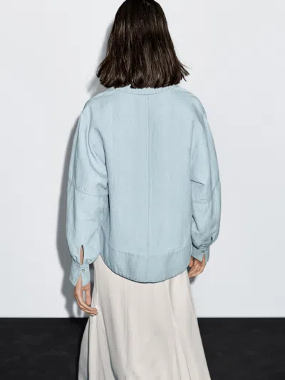 Massimo Dutti Oversize Denim Blouse With Puff Sleeves In Blue