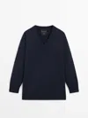 Massimo Dutti Oversize Knit Sweater With V-neck In Navy Blue