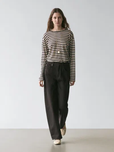Massimo Dutti Oversize Striped Long Sleeve T In Black
