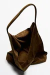 Massimo Dutti Oversized Split Suede Leather Shoulder Bag In Green