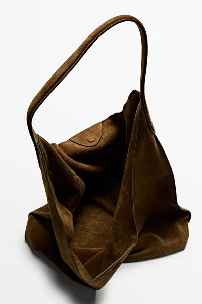 Oversized Split Suede Leather Shoulder Bag In Green from Massimo Dutti