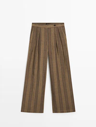 Massimo Dutti Pantalón Ancho Rayas Lino In Brown