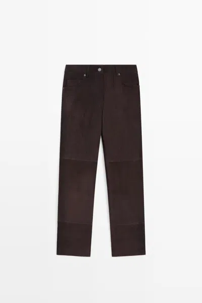 Massimo Dutti Pantalon Capri En Cuir Finition Daim In Brown