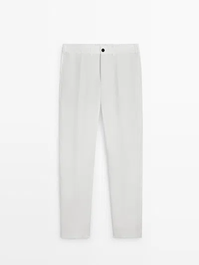 Massimo Dutti Pantalón Cintura Goma 100% Lino In White
