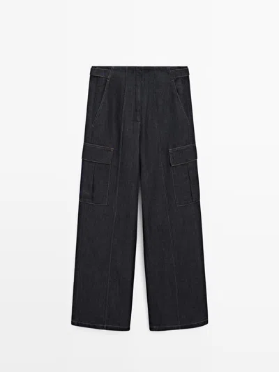 Massimo Dutti Pantalón Denim Cargo Con Lino In Blue