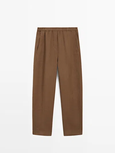 Massimo Dutti Pantalón Detalle Goma Cintura Lino In Brown