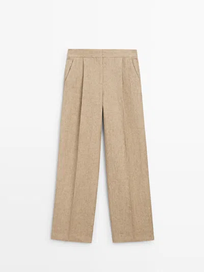 Massimo Dutti Pantalón Fluido Detalle Pinzas Lino In Nude