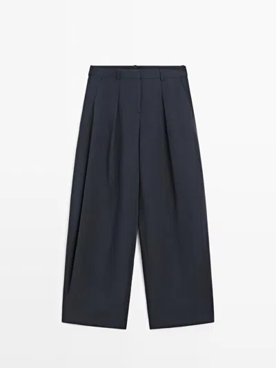 Massimo Dutti Pantalón Fluido Detalle Pliegue In Blue