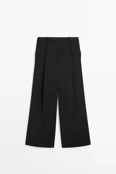 Massimo Dutti Pantalón Fluido Wide Leg Cropped In Negro