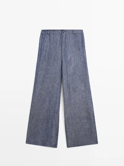 Massimo Dutti Pantalón Palazzo Tiro Alto Lino In Blue