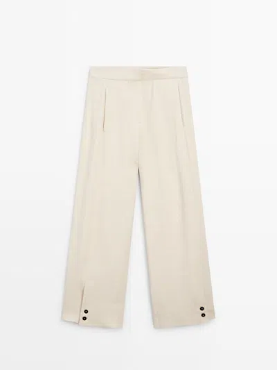 Massimo Dutti Pantalón Traje Detalle Botón Con Lino In Neutral