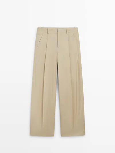 Massimo Dutti Pantalón Wide Leg Algodón In Sand