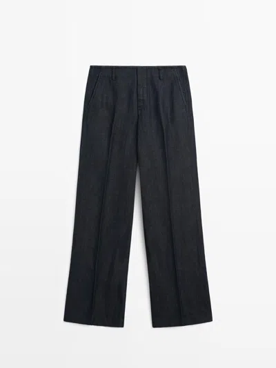 Massimo Dutti Pantalón Wide Leg Con Lino In Blue