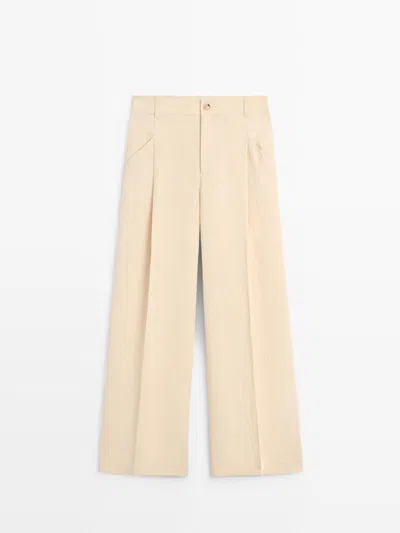 Massimo Dutti Pantalón Wide Leg Detalle Bolsillos Lino In Neutral