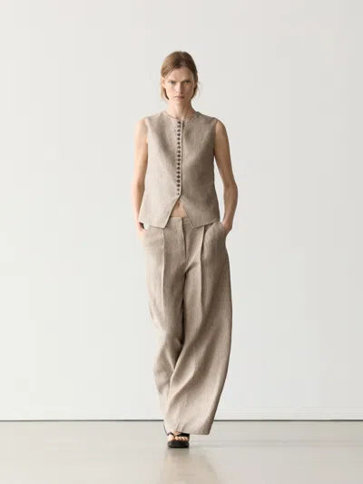 Massimo Dutti Pantaloni Mélange Con Pieghe In Lino In Neutral