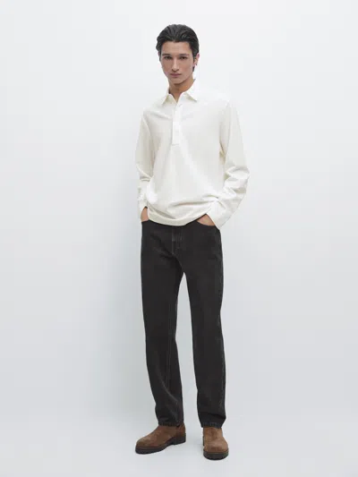 Massimo Dutti Piqué Polo Shirt With Long Sleeves And Placket Detail In White
