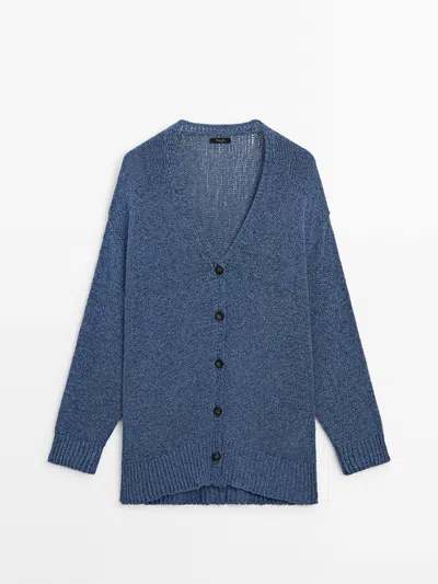 Massimo Dutti Plain Knit Button-up Cardigan In Blue