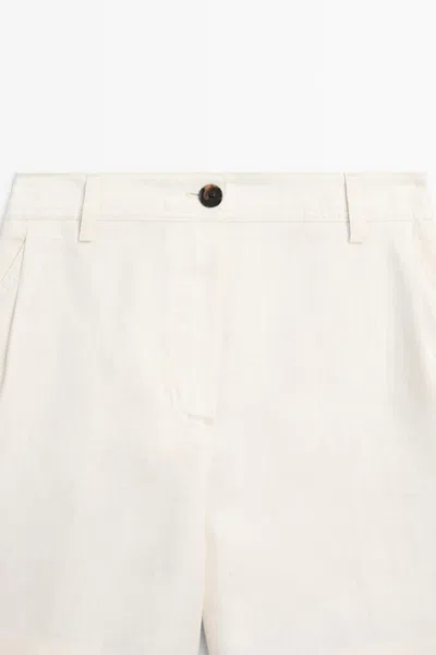 Massimo Dutti Pleated 100% Linen Shorts In White