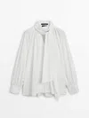 Massimo Dutti Pleated Cotton Shirt With Tie Detail In White
