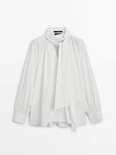 Massimo Dutti Pleated Cotton Shirt With Tie Detail In White