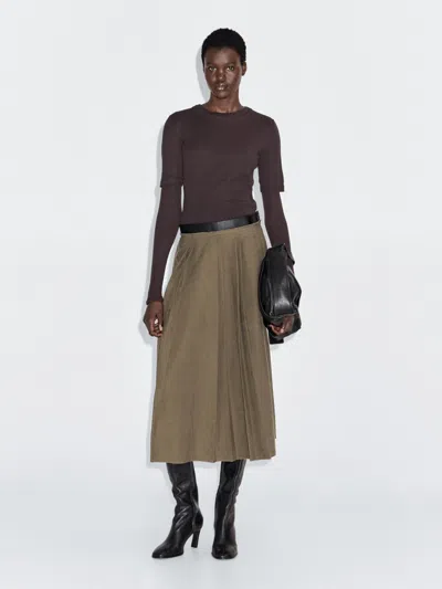 Massimo Dutti Pleated Midi Skirt With Waist Detail In Brown