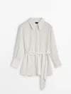 Massimo Dutti Pleated Shirt With Tie Detail In Cream