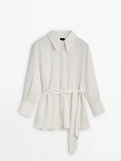 Massimo Dutti Pleated Shirt With Tie Detail In Cream